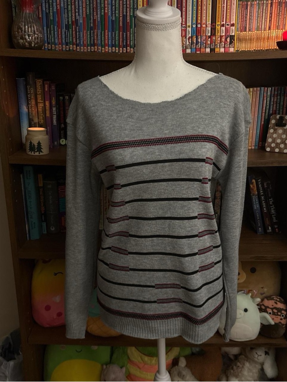 Gray Striped Women's Knit Sweater - Casual Pullover with Cut Out Collar